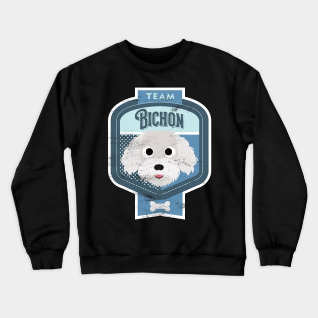 Team Bichon - Distressed Bichon Beer Label Design Crewneck Sweatshirt by DoggyStyles